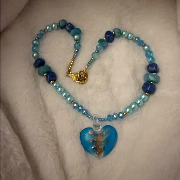 Blue Glass Beads Stones Heart Pendant Necklace - Picture 7 of 7